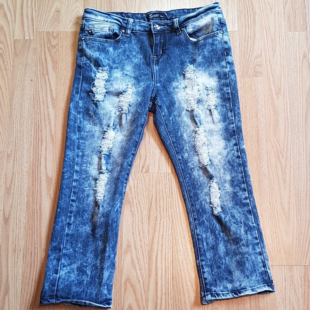 Sizzle Jeans Acid Washed Denim Capris Distressed